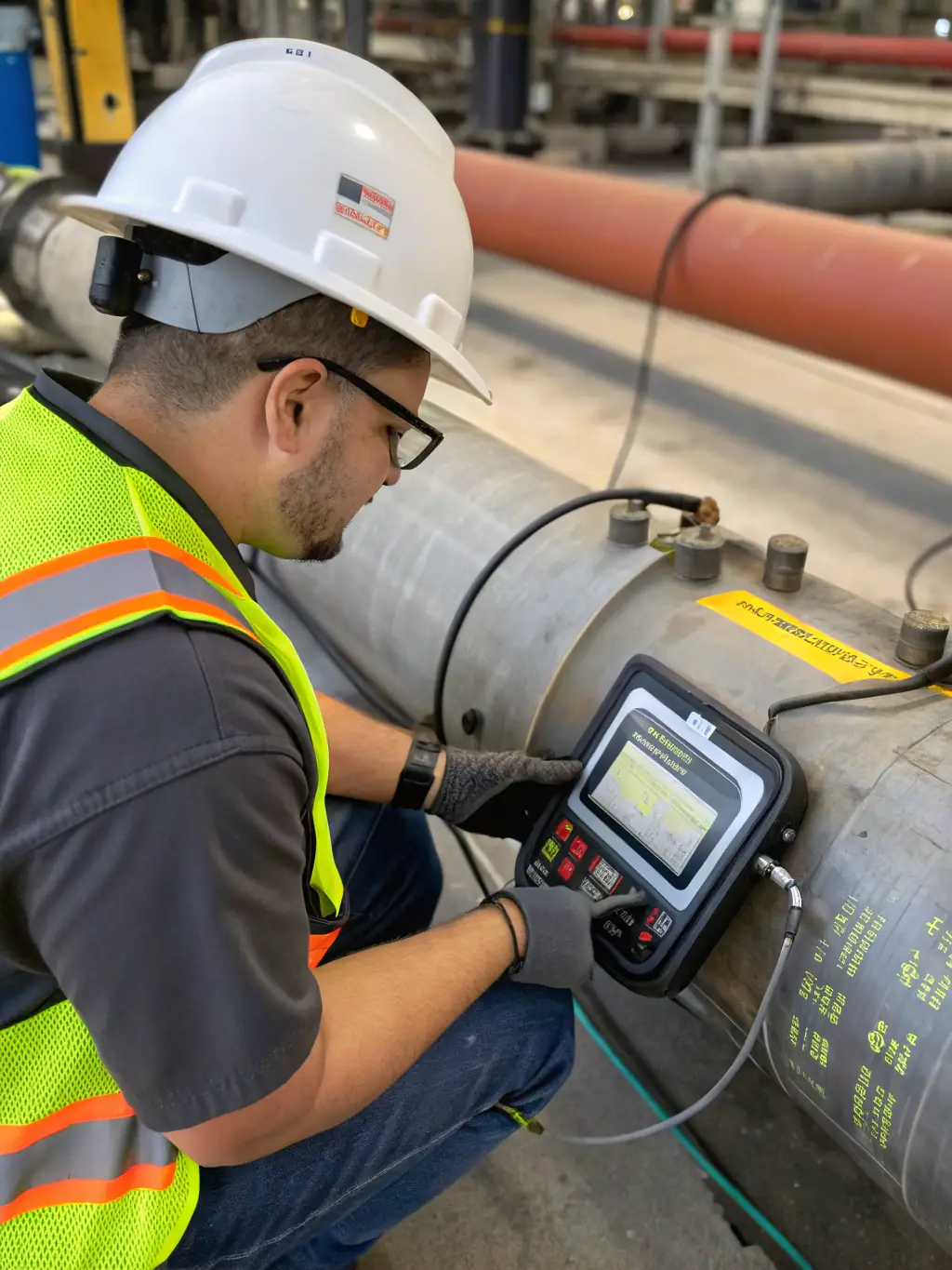 A close-up shot of a technician performing a non-destructive testing procedure on a pipeline, highlighting the precision and expertise involved in pipeline integrity management.