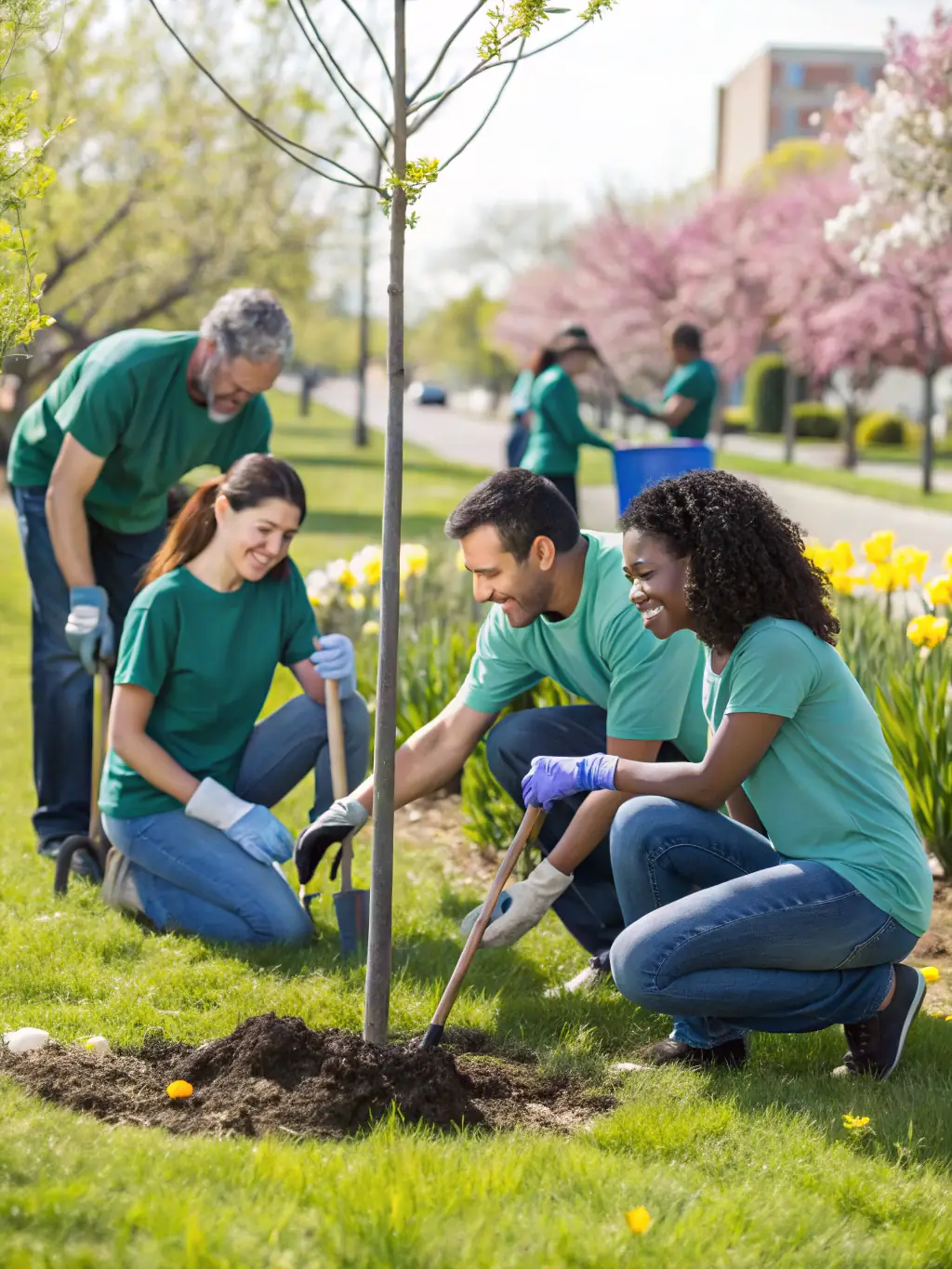 A photograph of a TEKHTRANS team participating in a local tree-planting event, emphasizing the company's community engagement and environmental stewardship.