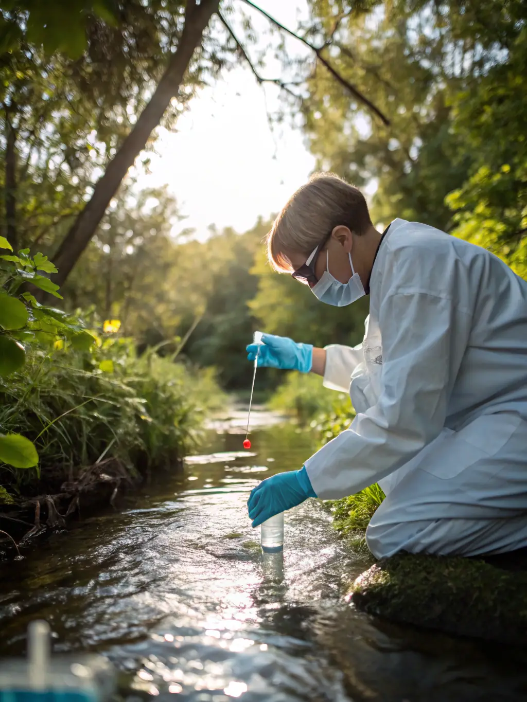 A close-up shot of a TEKHTRANS employee collecting water samples for testing near the refinery, highlighting the company's commitment to water quality.