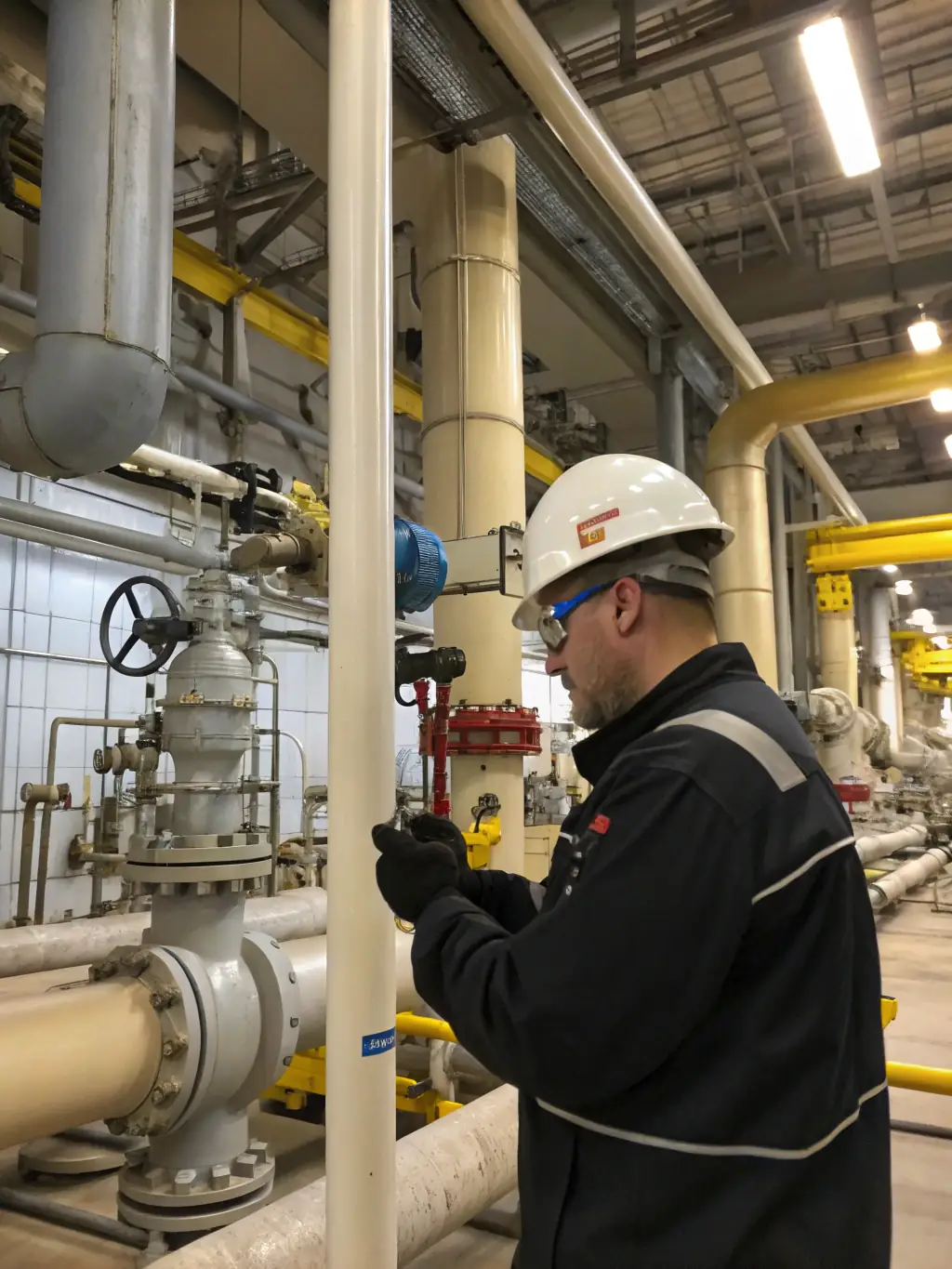 A photograph of a TEKHTRANS engineer inspecting a newly installed emissions control system at the refinery, showcasing the company's investment in cleaner technology.