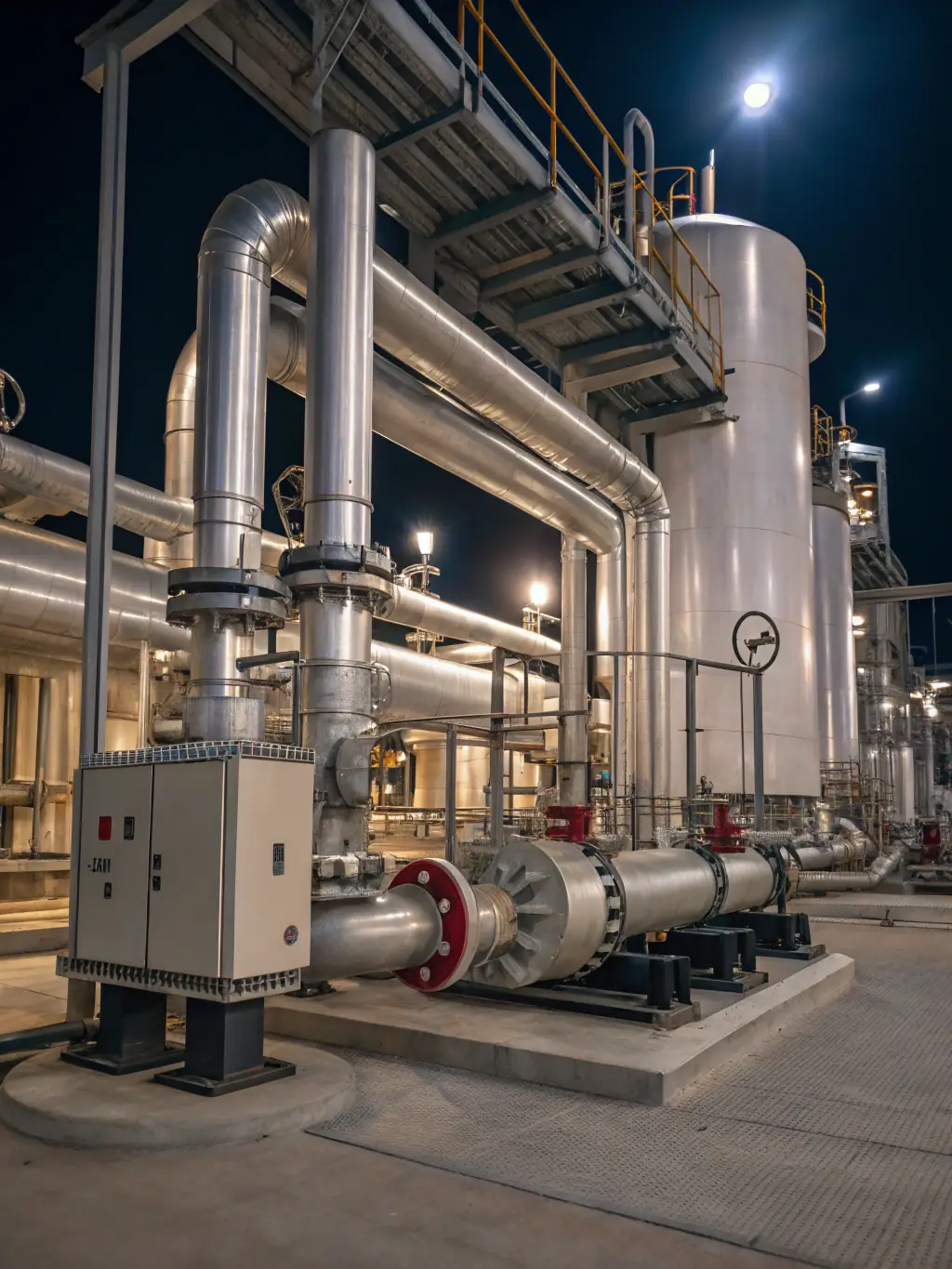 A high-angle photograph of a refinery processing unit, showcasing intricate pipework and distillation columns under a clear blue sky, emphasizing the scale and complexity of refinery operations.